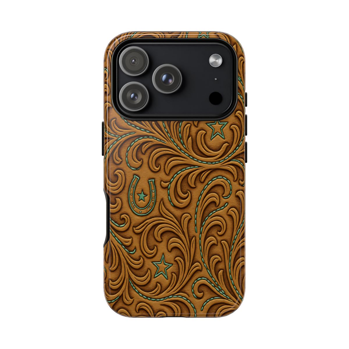 Tan Boot Stitch Horseshoe Scrolls Tough Case - iPhone 18 Pro