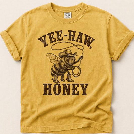Yee-Haw Honey Bee T-shirt on Mustard