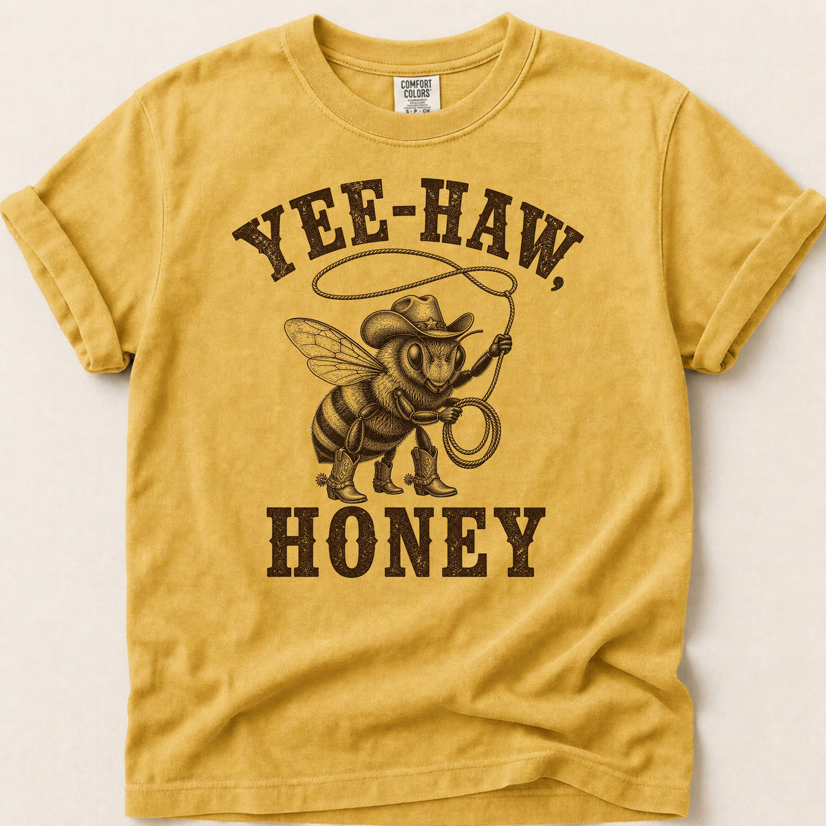 Yee-Haw Honey Bee T-shirt on Mustard