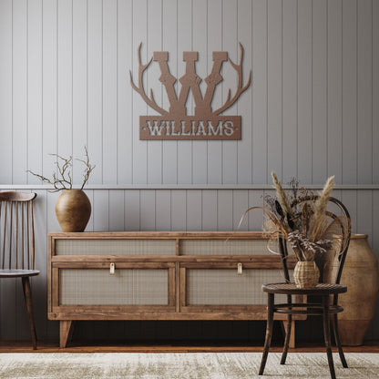 Antler Monogram + Name Metal Sign